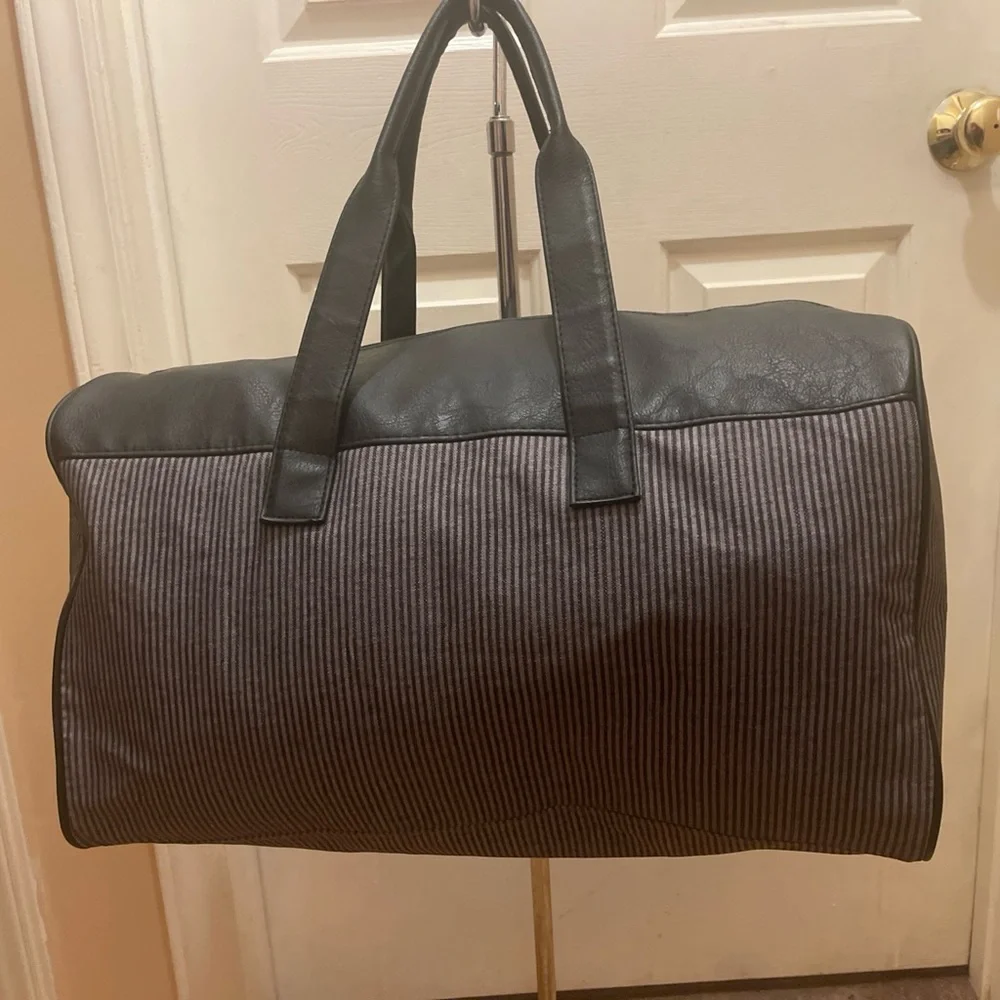 John Varvatos Mono Duffel Bag Men's Striped Black Travel Gym Carry On Gift Bag
